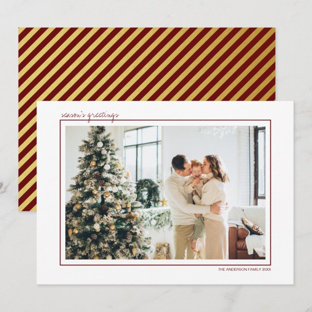 Red & Gold Stripes Season's Greetings Photo Holiday Card (Front/Back)