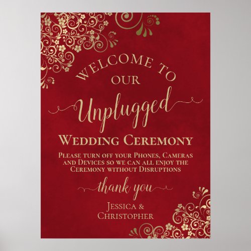 Red  Gold Stylish Unplugged Wedding Ceremony Poster
