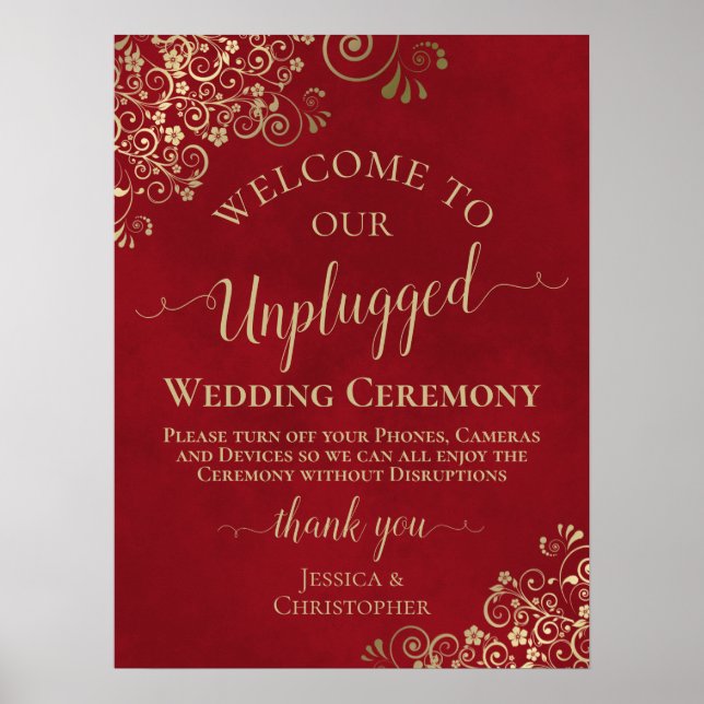 Red & Gold Stylish Unplugged Wedding Ceremony Poster (Front)