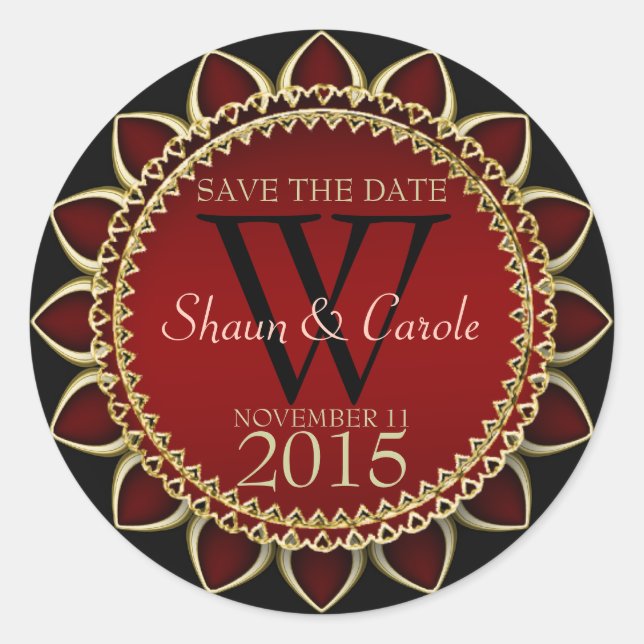 Red Gold Sunflower Monogram Save the Date Sticker (Front)