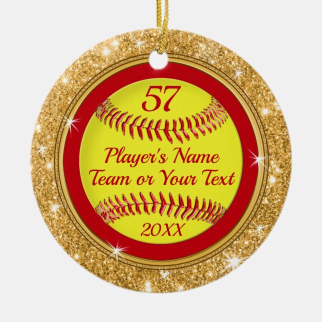 Red, Gold Super Cute Softball Christmas Ornaments (Front)