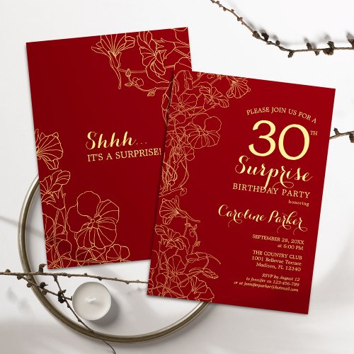 Red Gold Surprise 30th Birthday Party Invitation