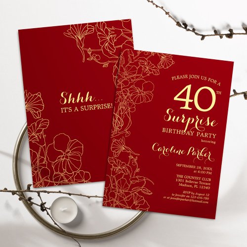 Red Gold Surprise 40th Birthday Party Invitation