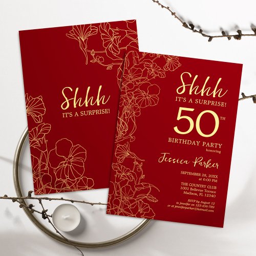 Red Gold Surprise 50th Birthday Invitation