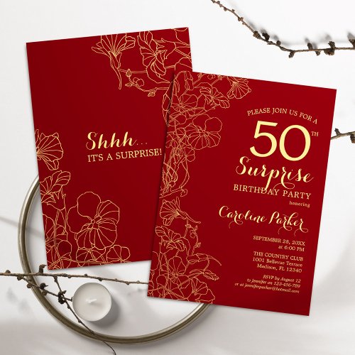 Red Gold Surprise 50th Birthday Party Invitation