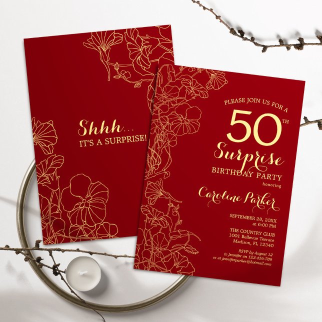 Red Gold Surprise 50th Birthday Party Invitation (Creator Uploaded)