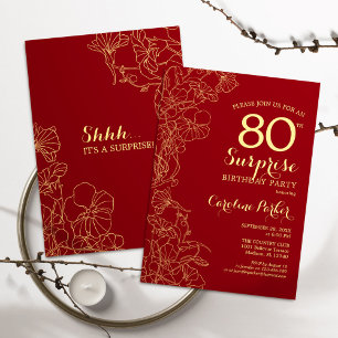 Red Gold Surprise 80th Birthday Party Invitation