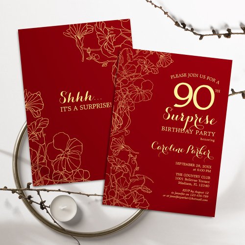 Red Gold Surprise 90th Birthday Party Invitation