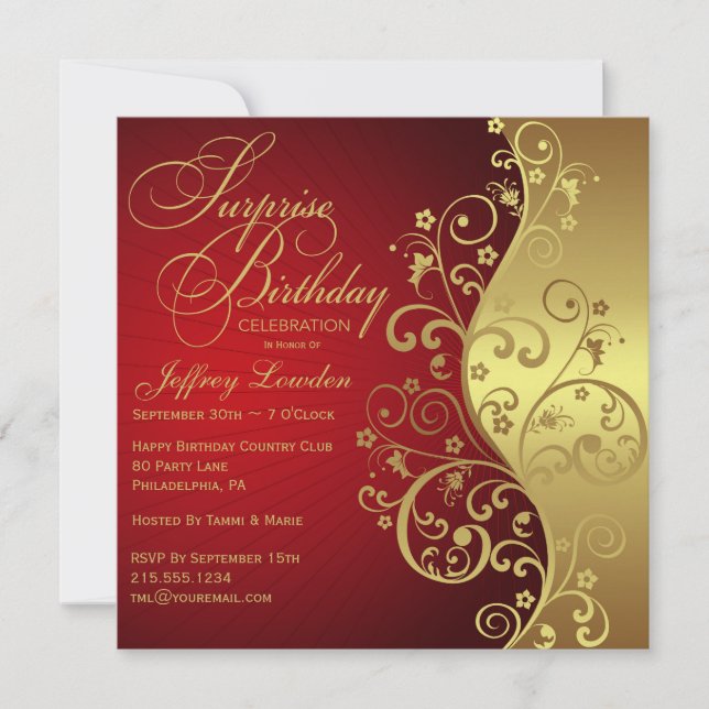 Red &  Gold Surprise Birthday Party Invitation (Front)
