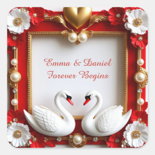 🦢 Red Gold Swan Pearl Wedding Theme 💍 Square Sticker