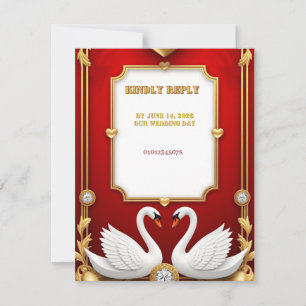 Red Gold Swan Wedding Couple Decor 💍 RSVP Card
