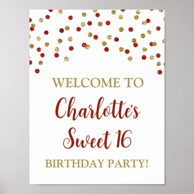 Red  Gold Sweet 16 Birthday Custom 8.5x11  Poster (Front)