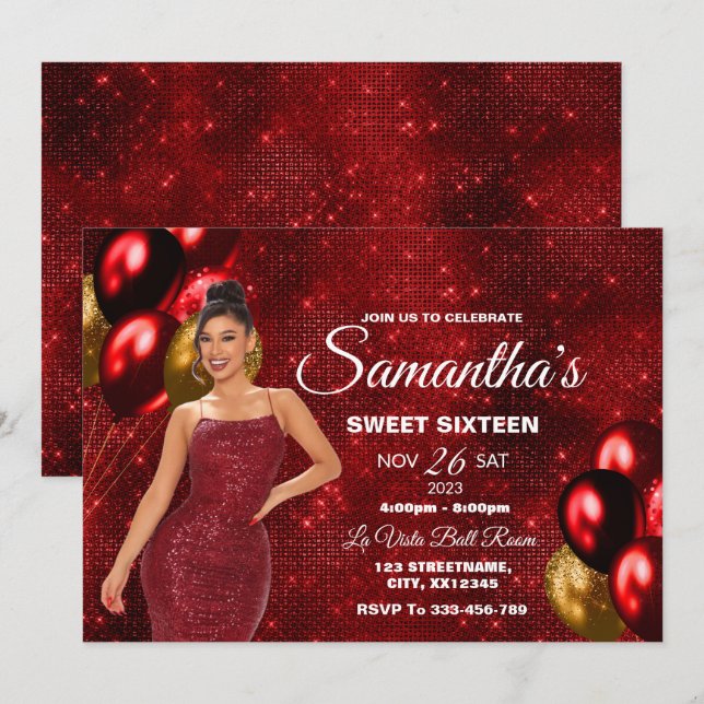Red & Gold Sweet 16 Girl Birthday Invitation (Front/Back)