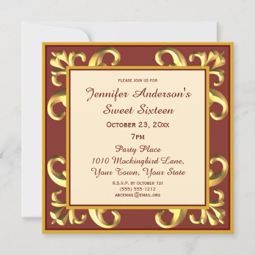 Red Gold Sweet Sixteen Invitation