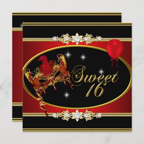 Red Gold Sweet Sixteen Sweet 16 Masquerade Invitation