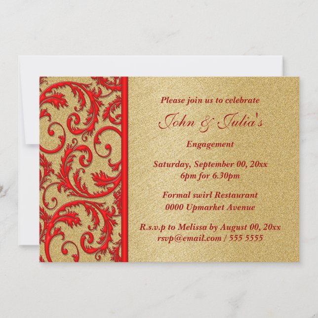Red gold swirl engagement anniversary PERSONALIZE Invitation (Front)