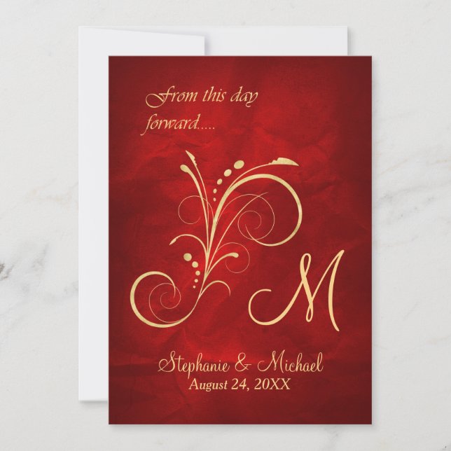 Red Gold Swirl Monogram Wedding Invitation (Front)
