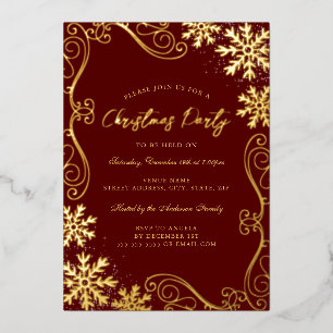 Red Gold Swirl Snowflake Christmas Party Foil Invitation