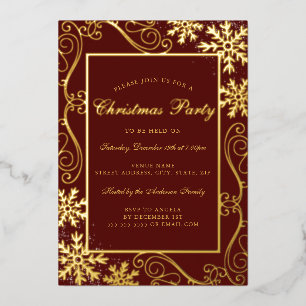 Red Gold Swirl Snowflake Frame Christmas Party Foil Invitation