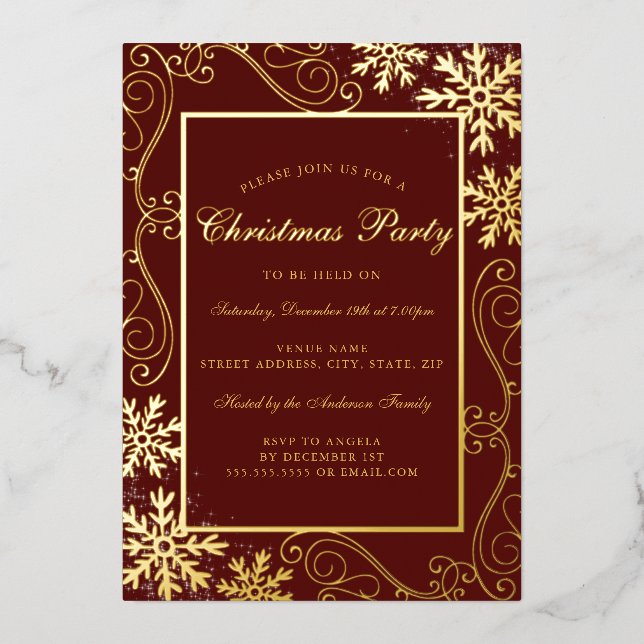 Red Gold Swirl Snowflake Frame Christmas Party Foil Invitation (Front)
