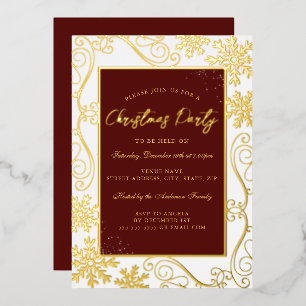 Red Gold Swirl Snowflake Frame Christmas Party Foil Invitation