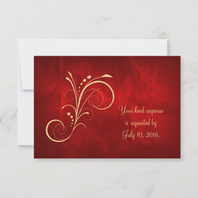 Red Gold Swirl Wedding RSVP Card (Front)