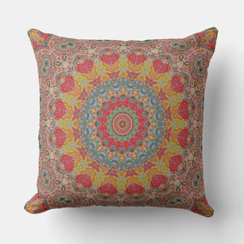 Red Gold  Teal Tapestry Mandala Kaleidoscope Throw Pillow