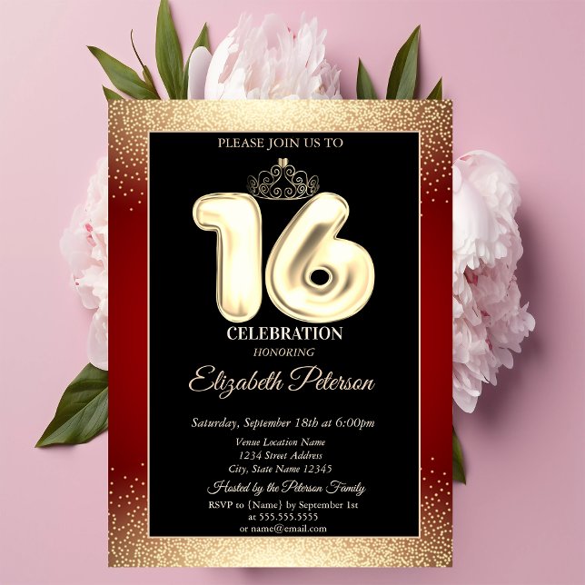 Red, Gold Tiara Confetti,Sweet 16 Party Invitation (Creator Uploaded)