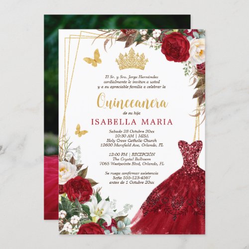 Red Gold Tiara Quinceaera Invitation in Spanish