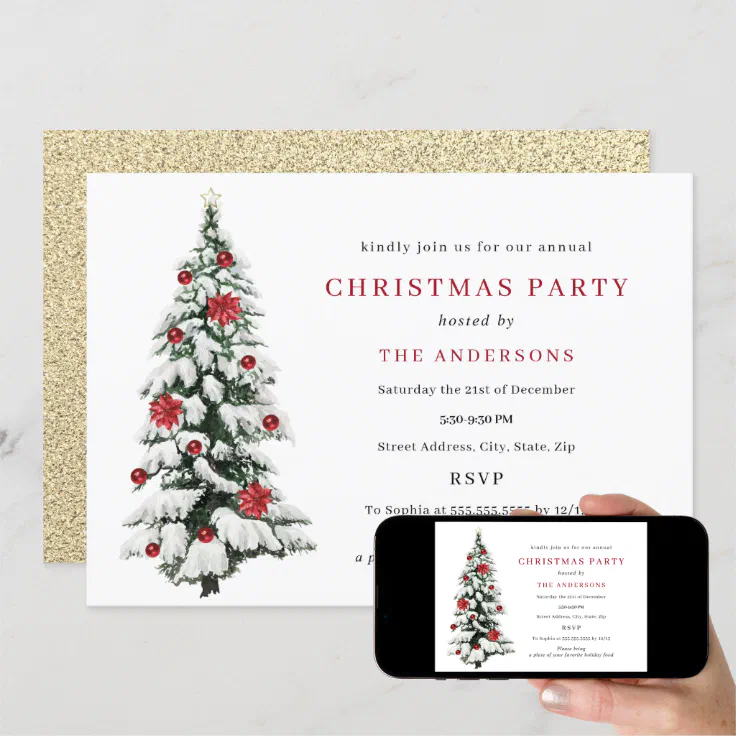 Red Gold Traditional Tree Christmas Party Invitation | Zazzle