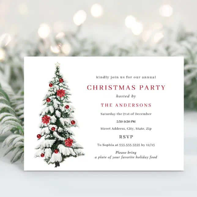 Red Gold Traditional Tree Christmas Party Invitation | Zazzle