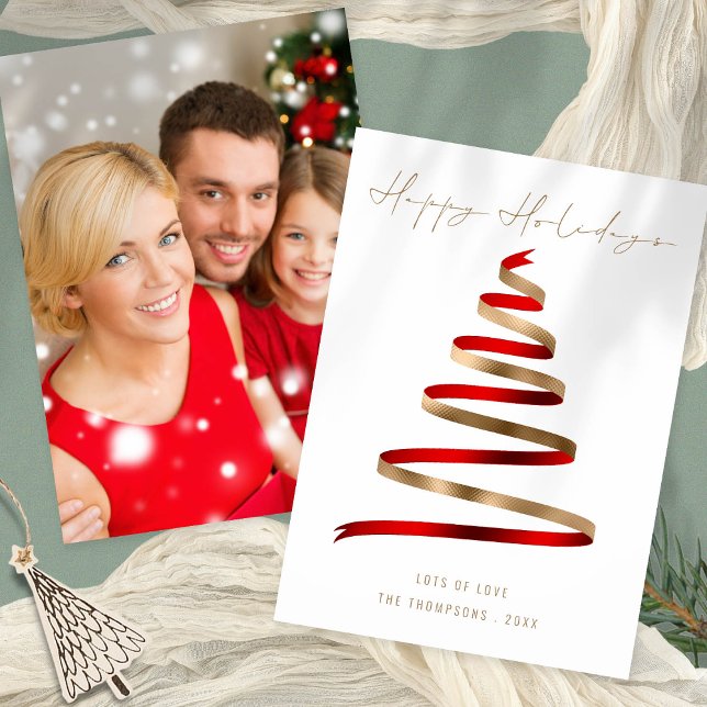 Red Gold Tree Photo Christmas Happy Holidays Holiday Card (Front and back view - add your photo on the back for a great keepsake card!)