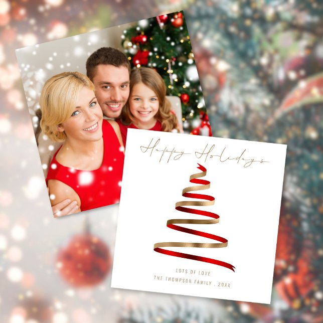 Red Gold Tree Photo Christmas Happy holidays Note Card (Front and back view)