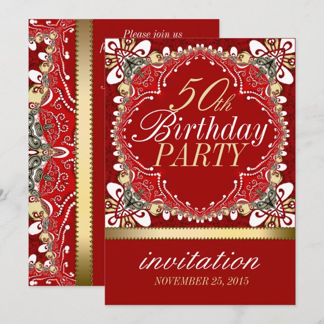 Red+Gold Tropical 50th Birthday Party Invitations (Front/Back)