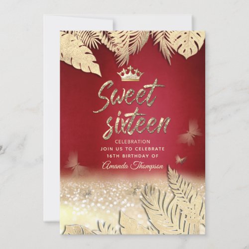 Red Gold tropical leaves glitter butterfly tiara  Invitation