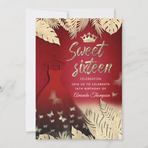 Red Gold tropical leaves glitter butterfly tiara  Invitation