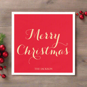 Red & Gold Typography Merry Christmas Family Napkins