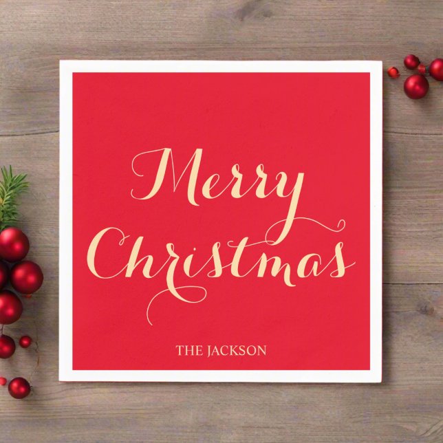 Red & Gold Typography Merry Christmas Family Napkins (Creator Uploaded)