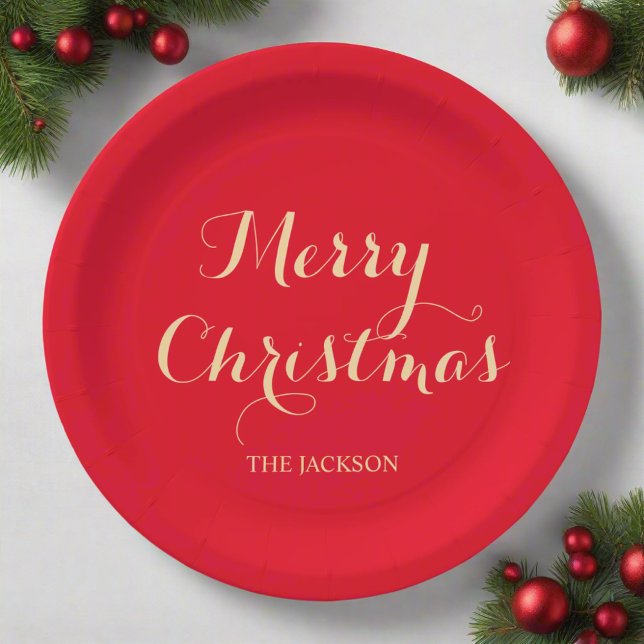 Red & Gold Typography Merry Christmas Family Paper Plates (Creator Uploaded)