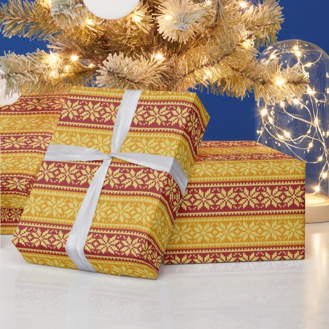 Red Gold Ugly Sweater Knitted Christmas Snowflakes Wrapping Paper (Holidays)