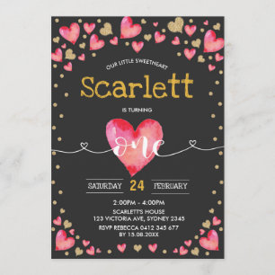 Red Gold Valentines Sweetheart 1st Birthday Invitation