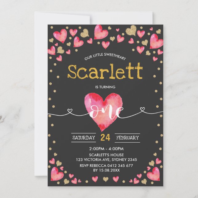 Red Gold Valentines Sweetheart 1st Birthday Invitation (Front)