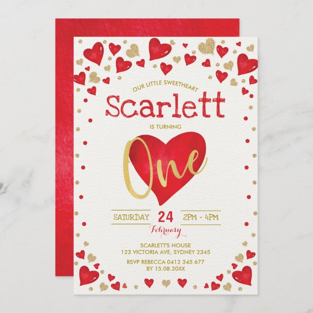 Red Gold Valentines Sweetheart 1st Birthday Invitation (Front/Back)