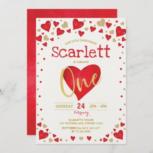 Red Gold Valentines Sweetheart 1st Birthday Invitation