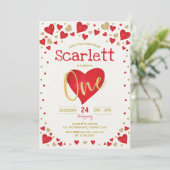 Red Gold Valentines Sweetheart 1st Birthday Invitation (Standing Front)
