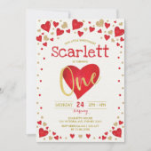 Red Gold Valentines Sweetheart 1st Birthday Invitation (Front)