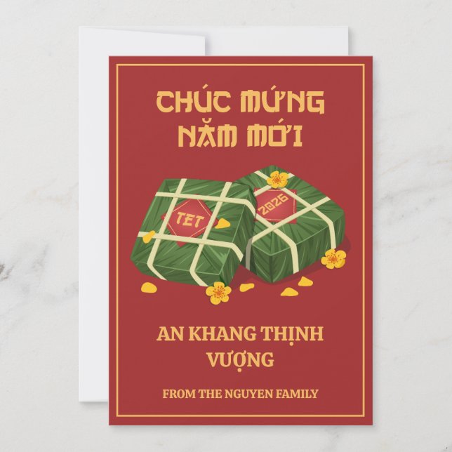 Red & Gold Vietnamese Tet 2026 Banh Chung Holiday Card (Front)