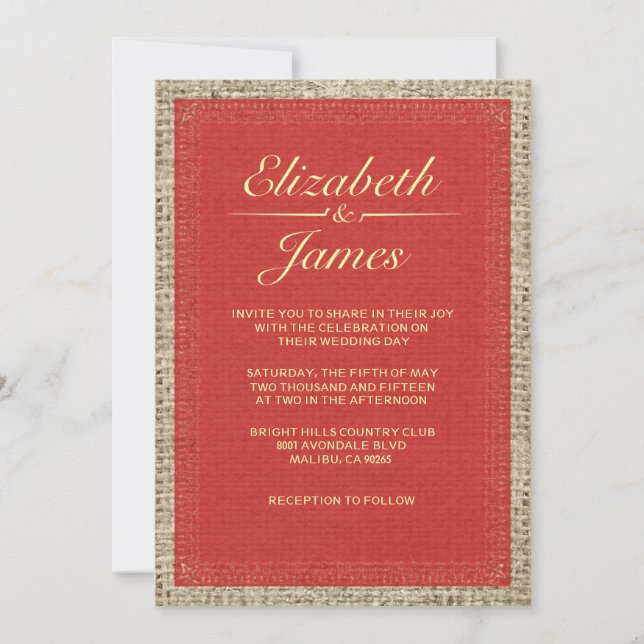 Red & Gold Vintage Burlap Wedding Invitations (Front)
