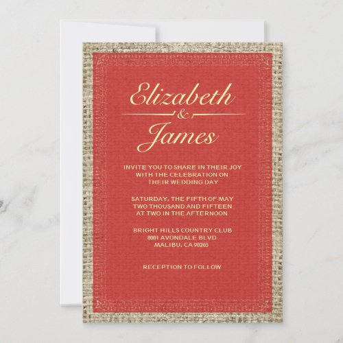 Red &amp; Gold Vintage Burlap Wedding Invitations