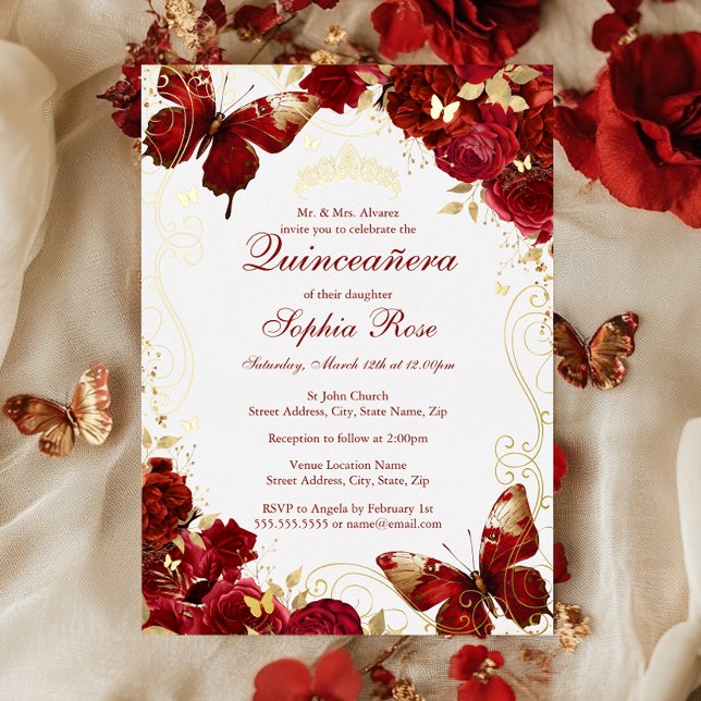 Red Gold Vintage Butterfly Floral Quinceanera  Foil Invitation (Creator Uploaded)